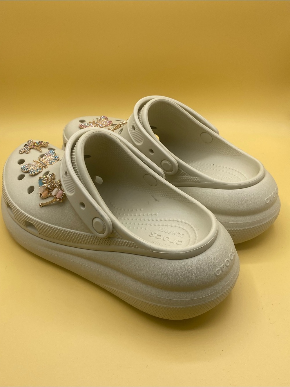 CROCS Cream Platform Clogs with Gold Butterfly Charms - Picture 3 of 4